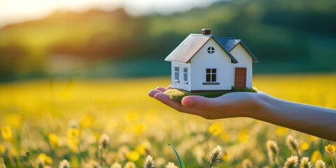 A hand holding a small model house in a field of yellow flowers.