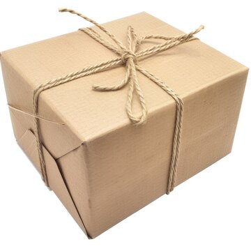 A neatly wrapped brown cardboard box with a string tied around it, placed on a white surface.