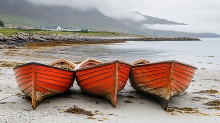 Three weathered red boats on a sandy beach,  coastal scenery