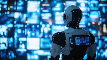 Futuristic robot contemplates vast data displays.