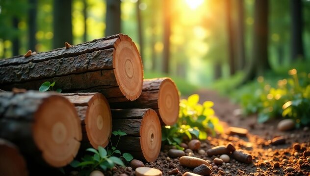 Close-up of freshly cut timber logs in a forest Sunlight filters through the trees , harvesting, nature