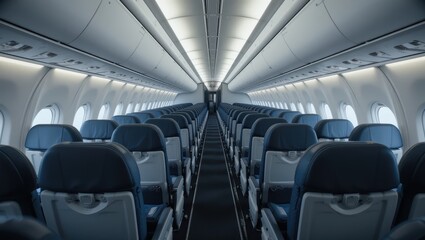 Fototapeta premium Empty Modern Airplane Interior with Comfortable Rows of Seats and Bright Windows