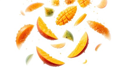 Fototapeta premium Falling Fresh Mango Slices in Vibrant Orange Colors Against a White Background