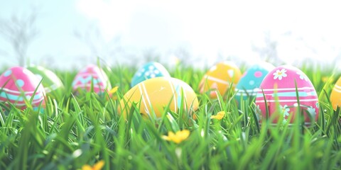 Fototapeta premium A colorful Easter egg hunt in a vibrant green grassy field with a blue sky in the background.