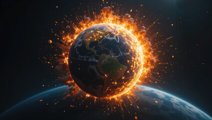 Obraz premium Fiery Explosion Surrounding Earth in Space Highlighting Global Catastrophe and Cosmic Energy