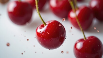 Fresh Red Cherries With Water Droplets Floating Against A Bright Background
