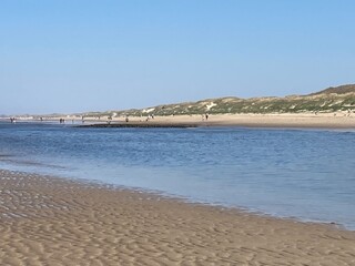 Blick von Sandbank in  der Nordsee bei Ebbe auf den Strand  von Callantsoog in Holland mit Dünen