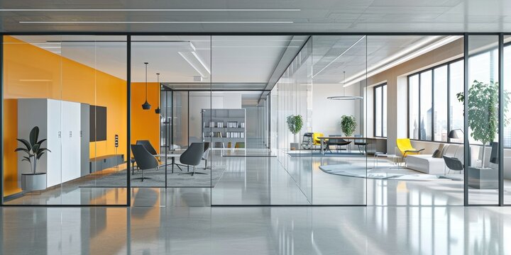 A spacious, modern office with a glass partition wall, yellow walls, and a white floor.