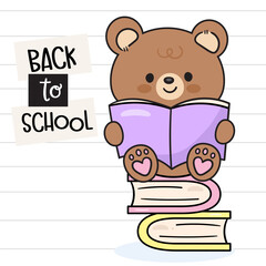 cute teddy bear read book on book stack kawaii animal back to school character