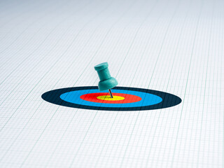Pinned concept. Property location point, real estate buying and selling market and investment concepts. Close-up green thumbtacks pin, pinned on target dartboard symbol on graph line paper background.
