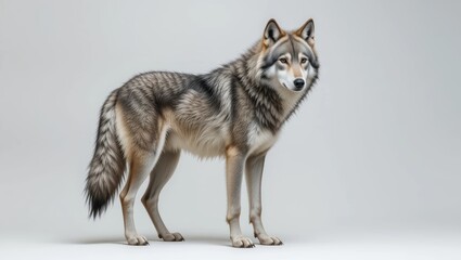 Obraz premium Grey Wolf Standing Majestically on a Plain Background Displaying Unique Characteristics and Strength