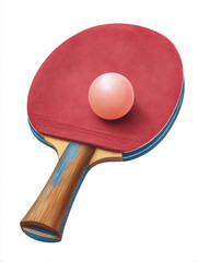 Watercolor painting of table tennis paddle with red rubber surface and wooden handle, featuring pink ball resting on top, showcasing classic sports equipment design