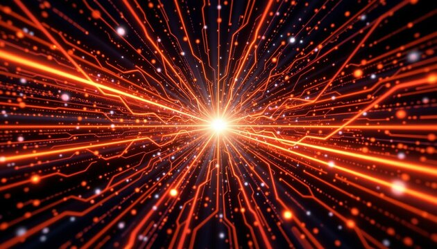 a vivid cosmic scene with a bright supernova at its core surrounded by glowing orange and red nebulae