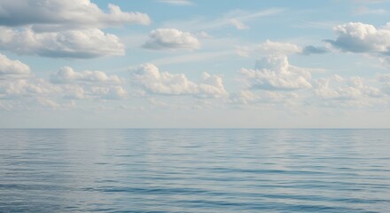 Obraz premium Serene Ocean and Sky Calm Water, Fluffy Clouds, Peaceful Nature Scenery for Relaxation, Travel and Tranquility