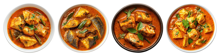 PNG Delicious spicy fish curry bowls, element set on transparent background