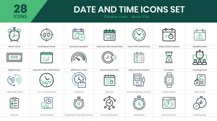  Date and  Time Line Icons. Editable Stroke. Contains such icons as 24 Hours, Alarm Clock, Appointment, Bell, Calendar, Countdown, Date, Deadline, Delivery.

