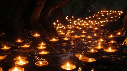 Pathway of  candles in a dark forest
