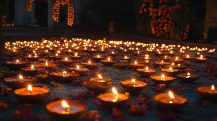 Many small, lit candles arranged on ground