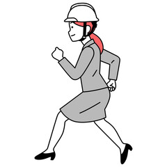 走るスーツにヘルメットの女性（横向き）