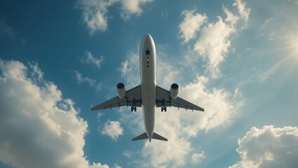Obraz premium Passenger Airplane Soaring Through a Blue Sky Among White Clouds in Daylight