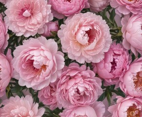 Tightly packed pink peonies, delicate petals, pastel backdrop , petals, floral
