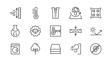 Fototapeta premium Fabric feature line icon set. Sleek, textile, clothing, patterns, cotton, leather, silk, thermo, recycled, bamboo, and characteristics outline linear icon collection. Textile thin icon pack