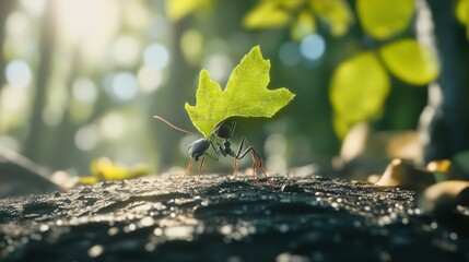 Ant carrying leaf in forest