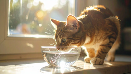Thirsty feline Striped cat drinks from a clear bowl near a window, bathed in sunlight