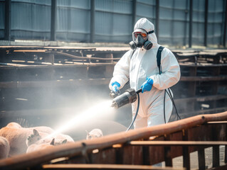 Worker disinfecting industrial area