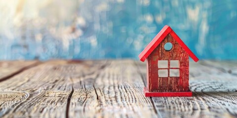 A red and white wooden birdhouse on a wooden table with a blue and white background.