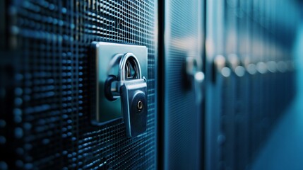 Secured Data: Padlock on Server Rack Emphasizing Network Security