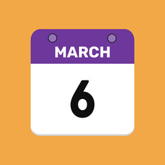 Calendar march 6 date icon vector calendar design and year illustration