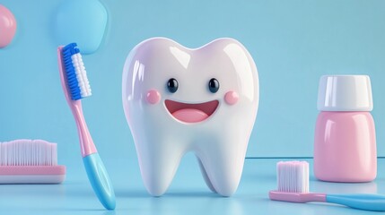 Cute tooth with dental care products