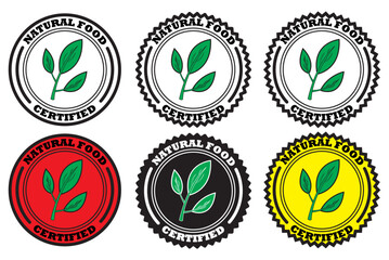  Colored Certification Badge Set with Green Leaf Design for Natural Food Signage and Office Standard Guidelines. Natural food certification badge set for branding