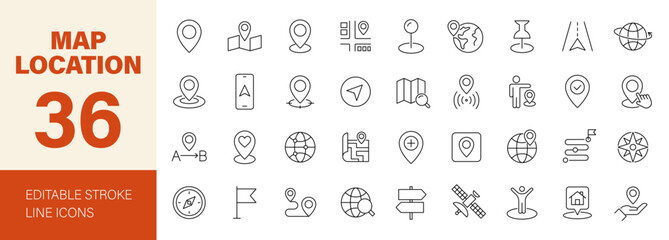 Map Location icon set. Containing pin, flag, GPS, destination, direction, distance, place, navigation, route, road, marker, address, position and more. Editable line icons. Vector illustration.	