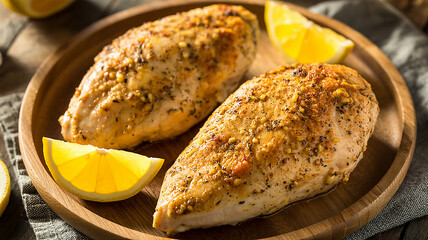 Roasted chicken breast with lemon wedges displayed on a wooden plate looks deliciously appetizing