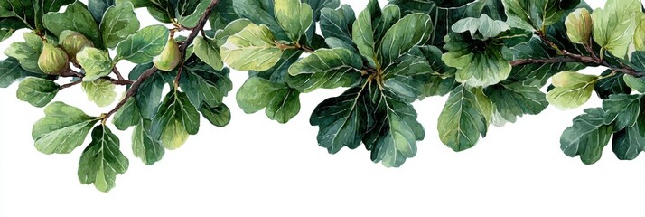 Fototapeta premium Vibrant Watercolor Fig Branches With Fresh Green Leaves and Ripe Fruit Framed by White Space Ideal for Nature-Themed Designs