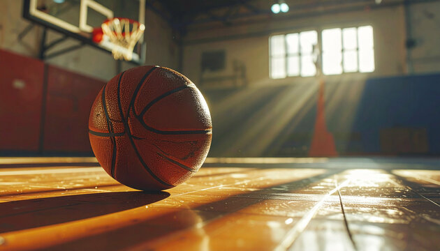 Basketball on a shiny court with light streaming through windows in a gymnasium