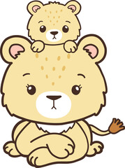 Lion Mother Collection Vector, Hand Drawn Lion and Lion Cub Cartoon, Minimal Lion Baby Line Art Doodle