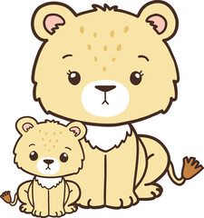 Lion Mother Collection Vector, Hand Drawn Lion and Lion Cub Cartoon, Minimal Lion Baby Line Art Doodle