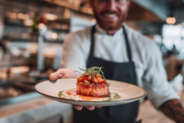 Chef presenting gourmet dish on plate close up with selective focus