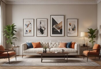 Chic living room, eclectic framed prints, geometric arrangement ,  frames,  modern,  decorations