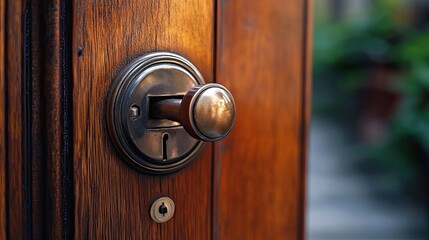 Fototapeta premium Close up of a wooden door with a metal doorknob and keyhole showing a blurred outdoor background