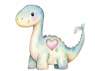 Friendly dinosaur with heart spot in watercolor for kids