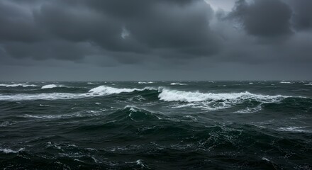 Stormy Ocean Scene Dark, Dramatic Waves and Overcast Sky - Nature, Seascape, Weather.