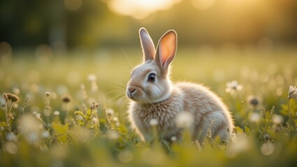 Young Fluffy Rabbit Sitting in a Sunlit Meadow Surrounded by Wildflowers at Dusk