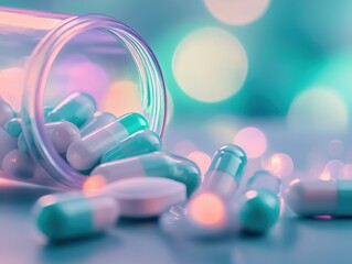 A transparent jar of light teal and white pills spills onto a soft-focus, pastel-colored surface.  Blurred bokeh highlights the pills' close-up