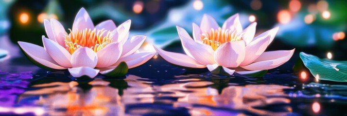 Two delicate pink water lilies on a still pond, bathed in soft, warm light.  Their petals unfurl gracefully, showcasing the vibrant center.  