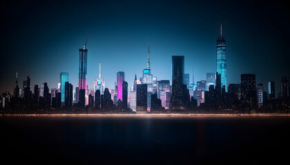 Nighttime Cityscape Panorama of Modern Architecture with Towering Buildings Glowing Under a Dark Blue Sky Reflected in Calm Water