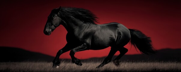 Luxury horse racing portrait concept. Galloping black horse against a dramatic red sunset background